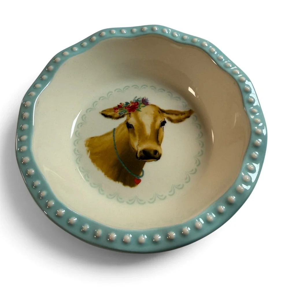 Pioneer Woman Cow Stoneware Bowl Blue Gingham Scalloped Beaded Rim 6.25 inch